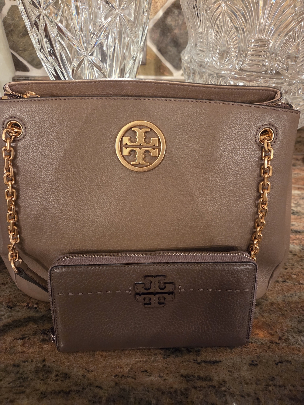 Tory Burch Taupe Pebbled Leather Shoulder Bag with Wallet